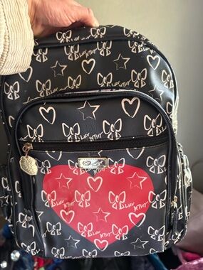 Betsey Johnson Black Mini Backpack with Red Heart and White Bow Print